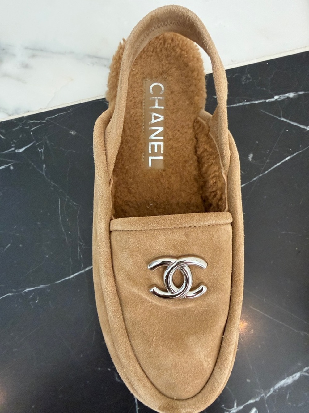 CHANEL Tan Suede Loafers with Silver CC Hardware - Picture 4 of 5